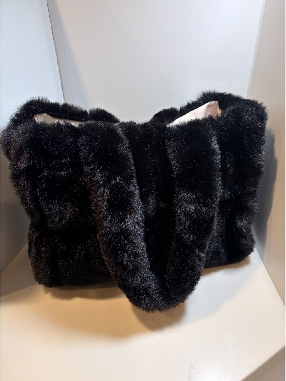 Black Faux Fur Tote Bag with Cream Interior and Magnetic Closure